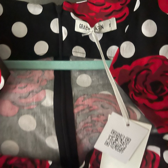 Black and White Polka Dot Dress with Red Roses - Picture 2 of 3